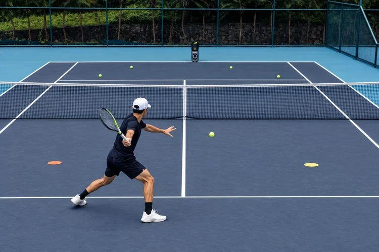 Tennis player moving into a forehand drill with court targets and TERO Pro across the net