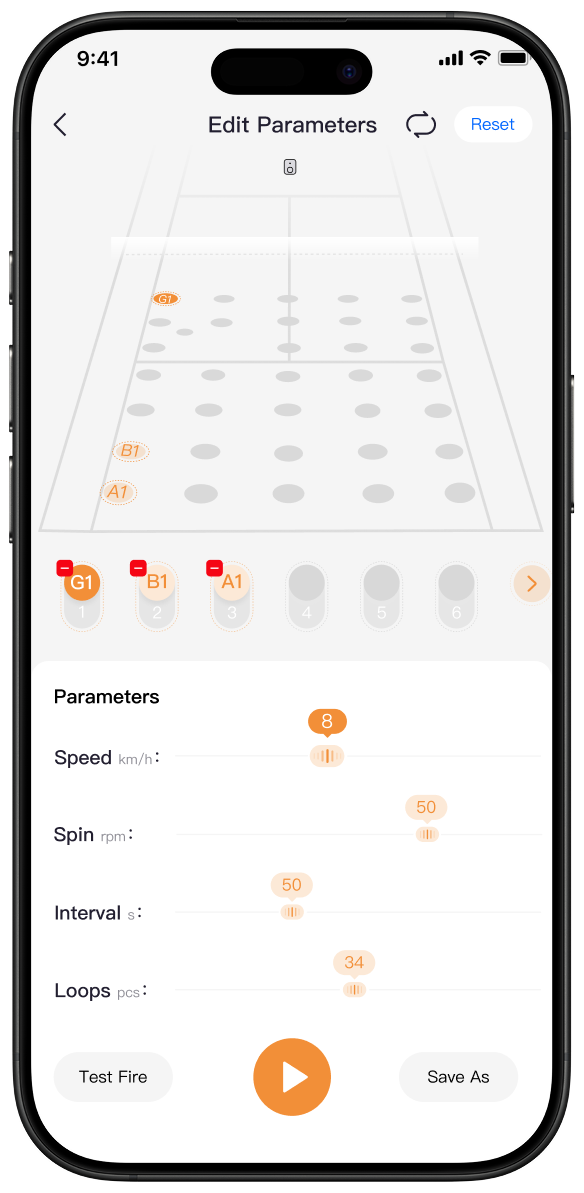 Lumistar app screen for adjusting tennis ball machine training parameters